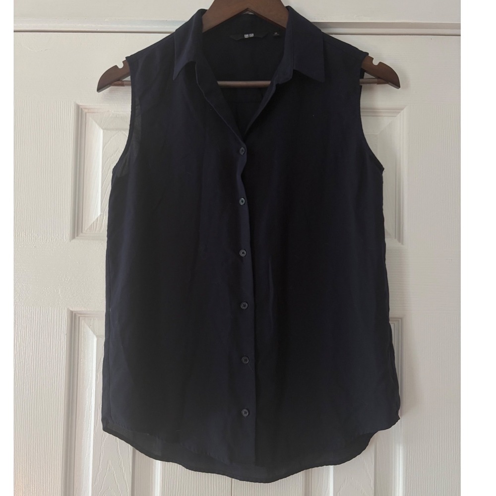 Uniqlo‎ Womens Navy Blue Sleeveless Button Down Rayon Blend Shirt XS